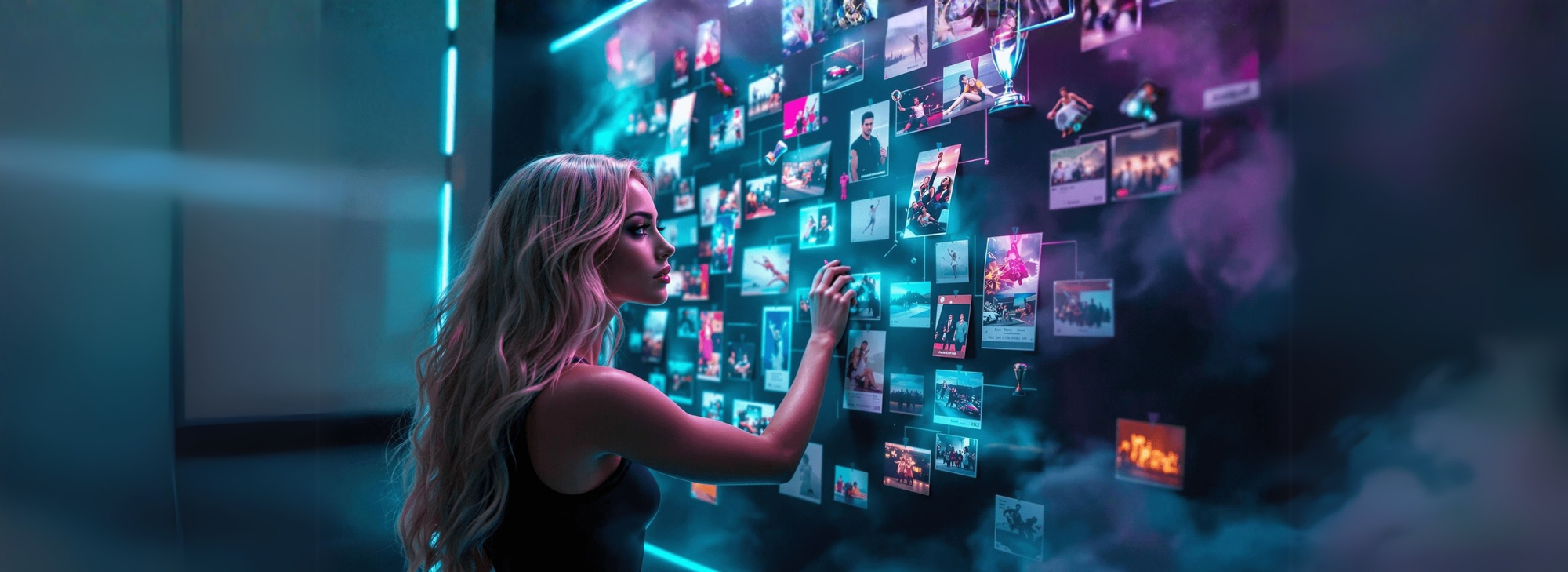 Women pins photos with ideas on wall 