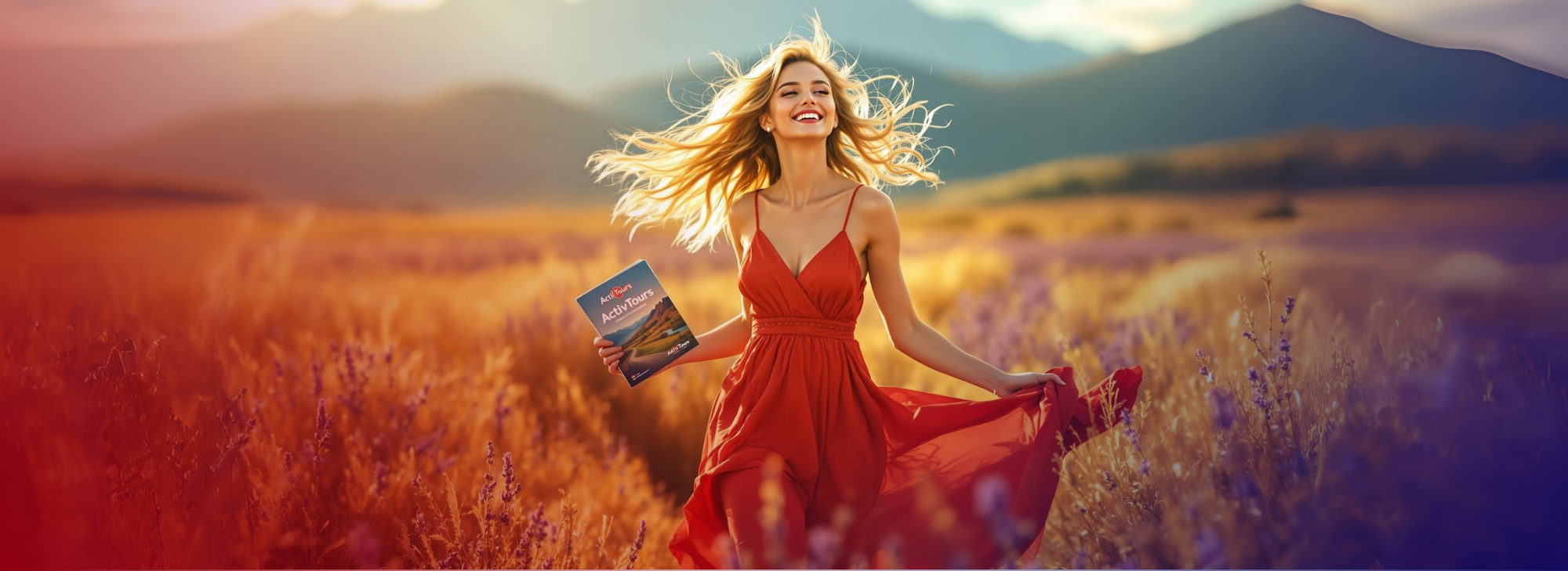 Woman running on field with lavand. In her hand is a travel cataogue, with the title "ActivTours".