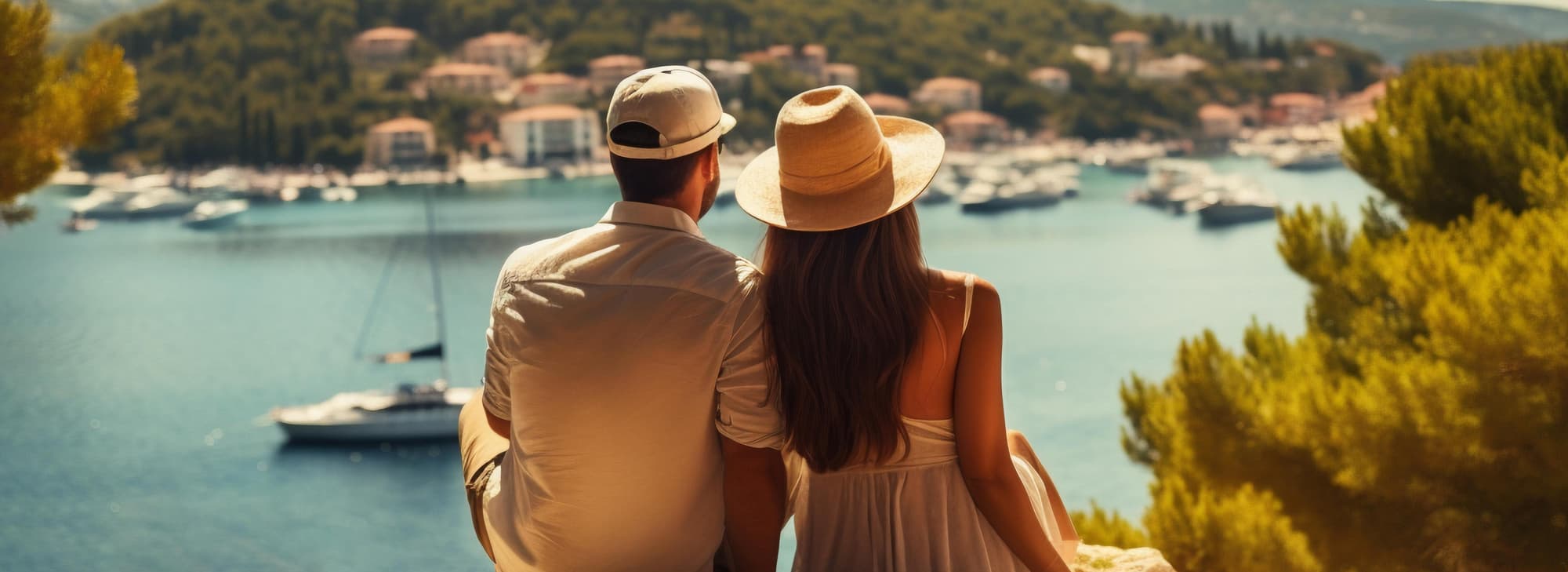Couple watching cruise ships in a bay
