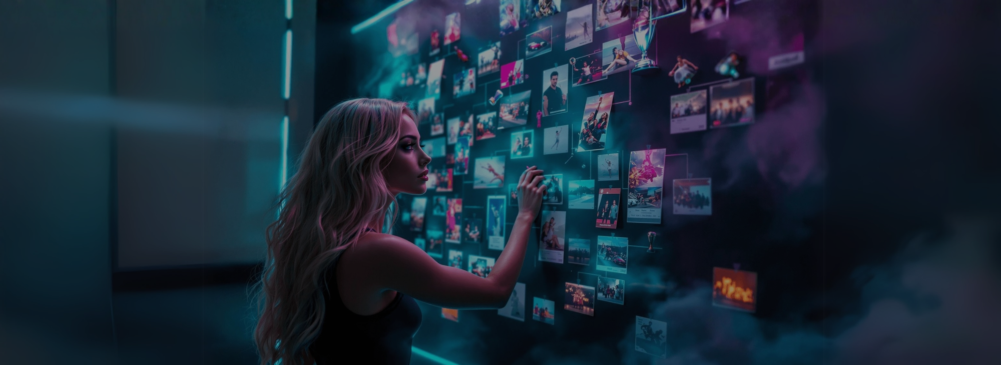 Women pins photos with ideas on wall 