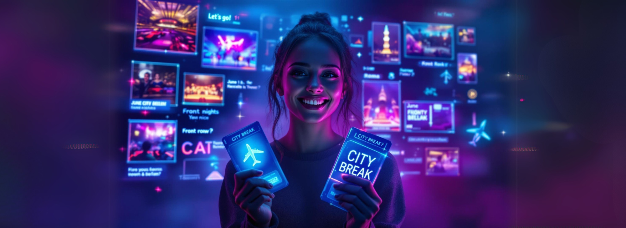 Young woman smiling with tickets of city break in her hands. 