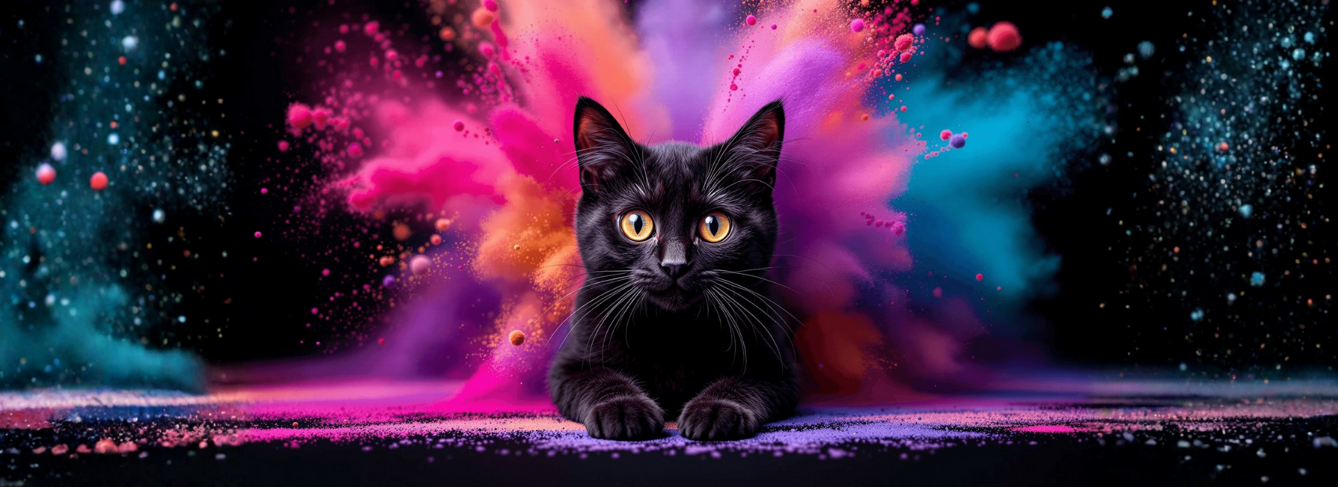 Black cat with with a colors explosion in the back